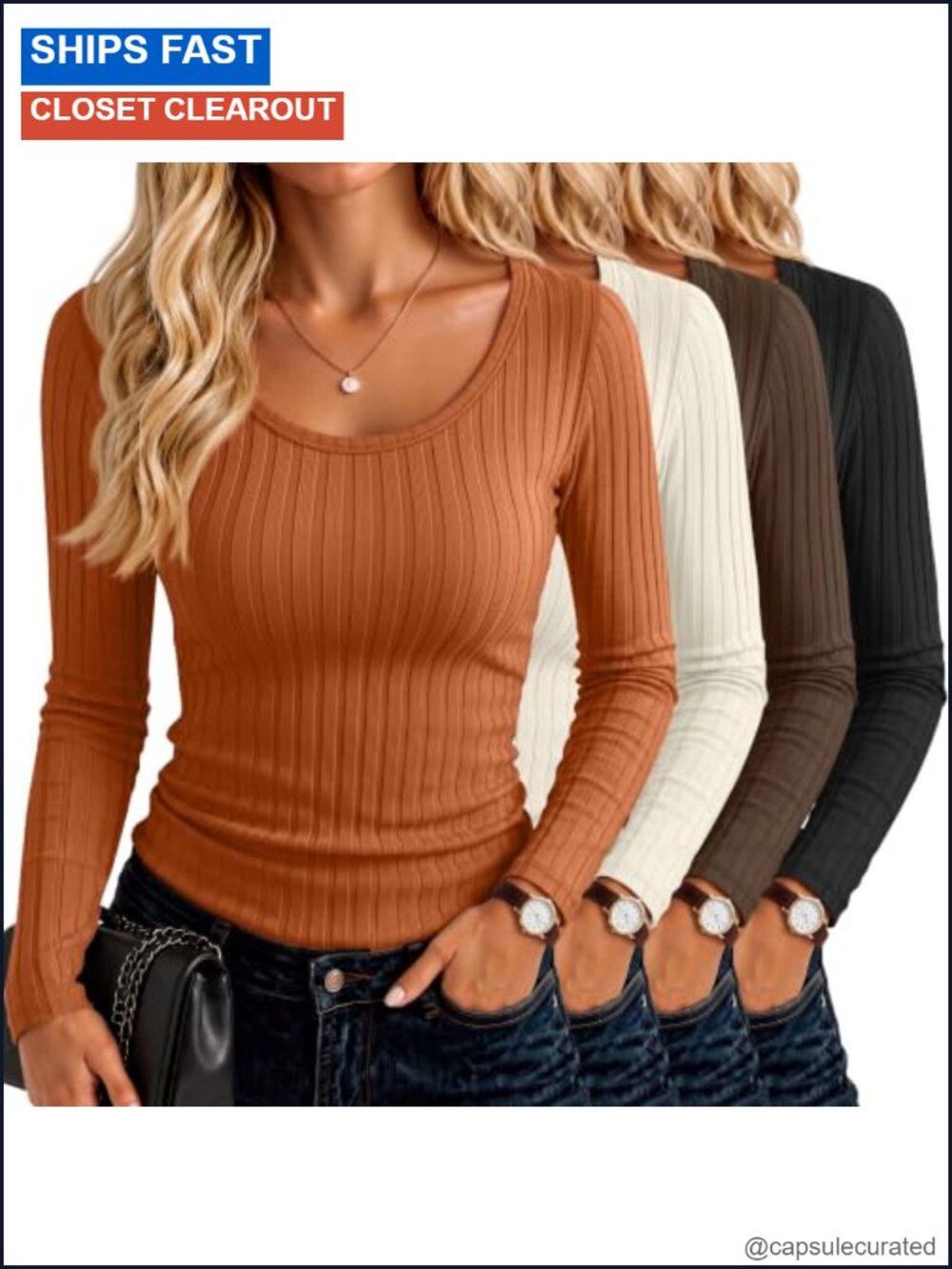 Riyiper Women's Ribbed Long Sleeve Cotton Slim Fit T-Shirt 4 Pack Crew Neck